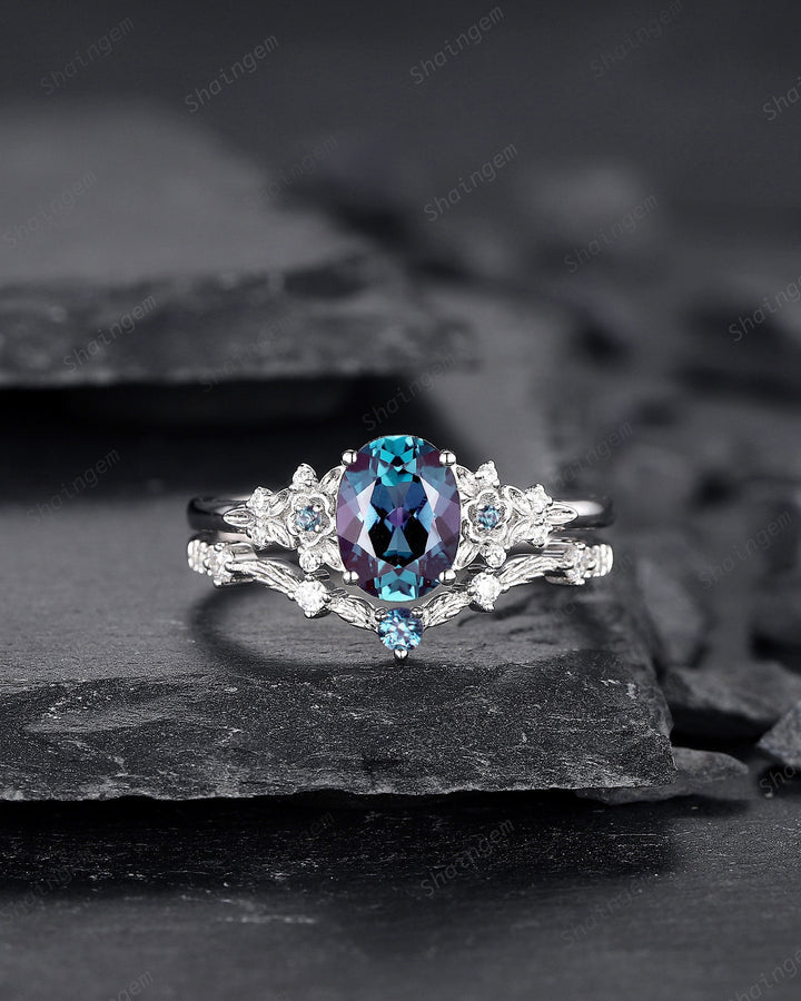 Oval Shape Floral Alexandrite Bridal Set, Solid White Gold Alexandrite Engagement Ring, Nature Inspired Promise Anniversary Ring Gift - ShainJewelry