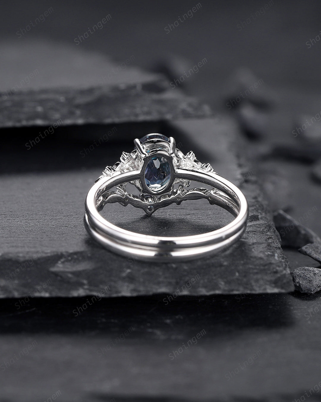 Oval Shape Floral Alexandrite Bridal Set, Solid White Gold Alexandrite Engagement Ring, Nature Inspired Promise Anniversary Ring Gift - ShainJewelry