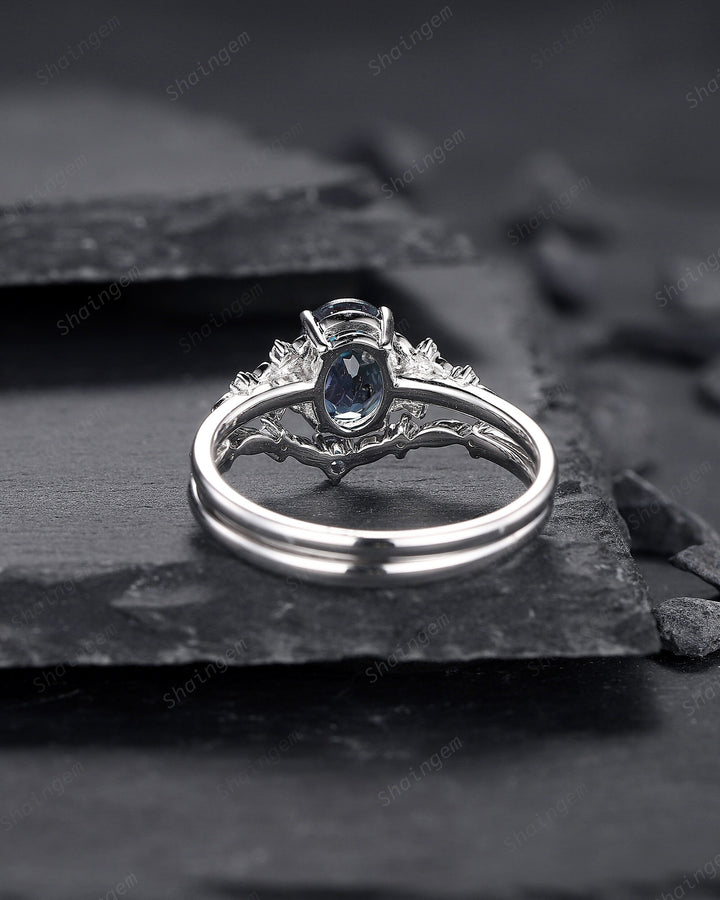 Oval Shape Floral Alexandrite Bridal Set, Solid White Gold Alexandrite Engagement Ring, Nature Inspired Promise Anniversary Ring Gift - ShainJewelry