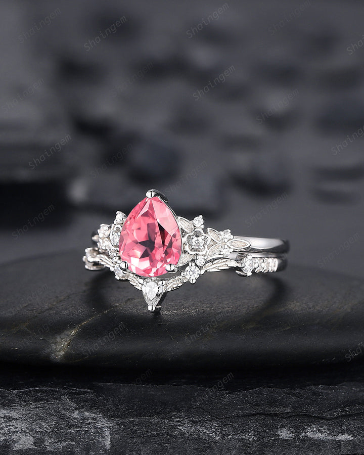 Platinum Pear Shape Padparadscha Pink Sapphire Floral Engagement Ring, White Gold Pink Sapphire Wedding Set Nature Inspired Promise Ring - ShainJewelry