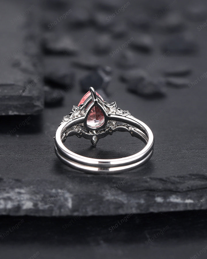 Platinum Pear Shape Padparadscha Pink Sapphire Floral Engagement Ring, White Gold Pink Sapphire Wedding Set Nature Inspired Promise Ring - ShainJewelry