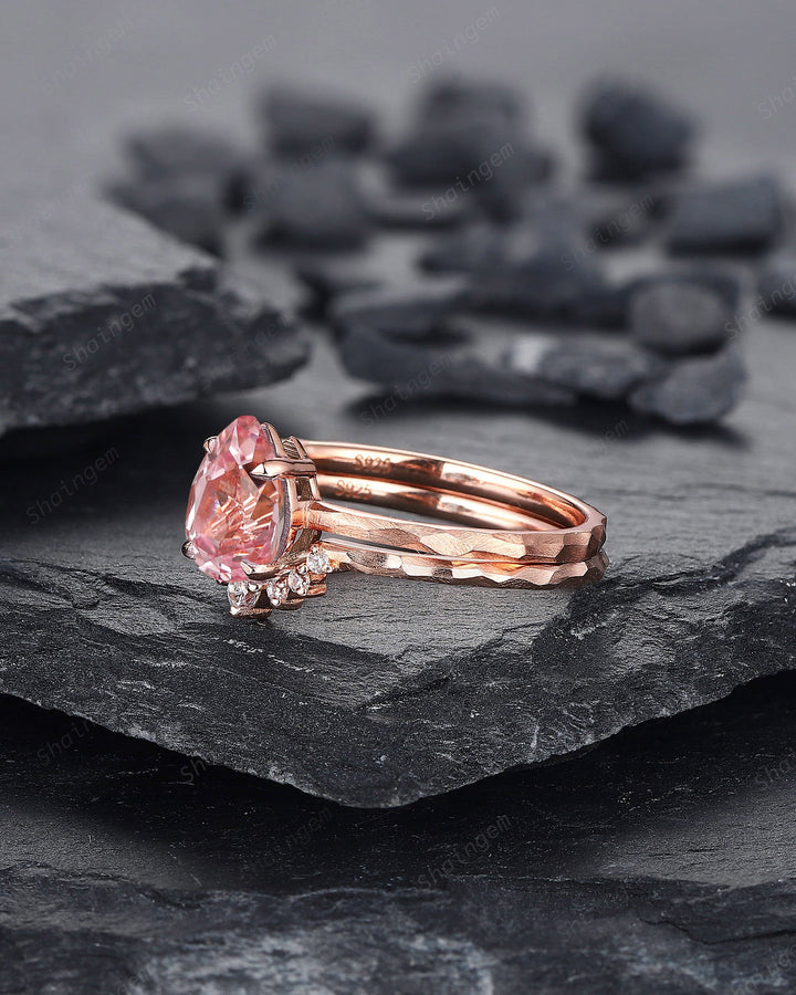Unique Hammered Pink Sapphire and Diamond Engagement Ring Set, Hand Forged 14K 18K Rose Gold Pear Shape Sapphire Bridal Set Promise Ring - ShainJewelry