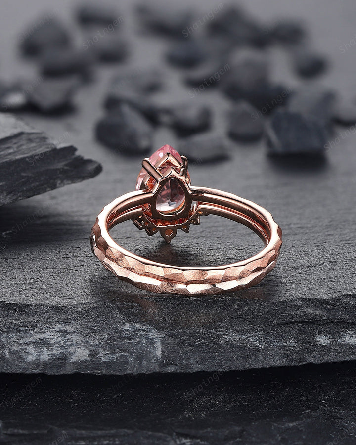 Unique Hammered Pink Sapphire and Diamond Engagement Ring Set, Hand Forged 14K 18K Rose Gold Pear Shape Sapphire Bridal Set Promise Ring - ShainJewelry