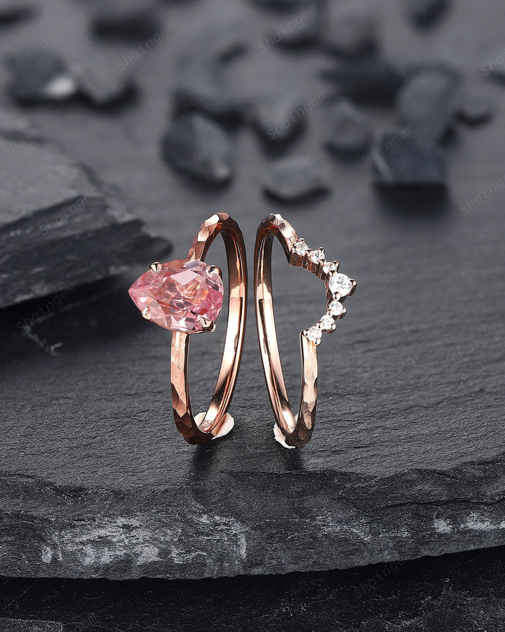 Unique Hammered Pink Sapphire and Diamond Engagement Ring Set, Hand Forged 14K 18K Rose Gold Pear Shape Sapphire Bridal Set Promise Ring - ShainJewelry
