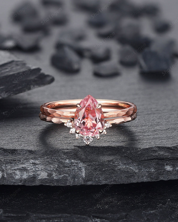 Unique Hammered Pink Sapphire and Diamond Engagement Ring Set, Hand Forged 14K 18K Rose Gold Pear Shape Sapphire Bridal Set Promise Ring - ShainJewelry