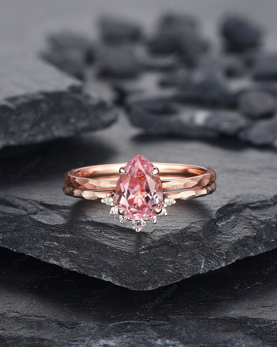 Unique Hammered Pink Sapphire and Diamond Engagement Ring Set, Hand Forged 14K 18K Rose Gold Pear Shape Sapphire Bridal Set Promise Ring - ShainJewelry