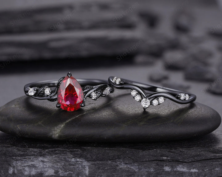 Black Gold Finish Pear Ruby Engagement Ring Set, Vintage Rhodium Black Twig Vine Ruby Bridal Set, Dark Promise ring, Black wedding ring - ShainJewelry