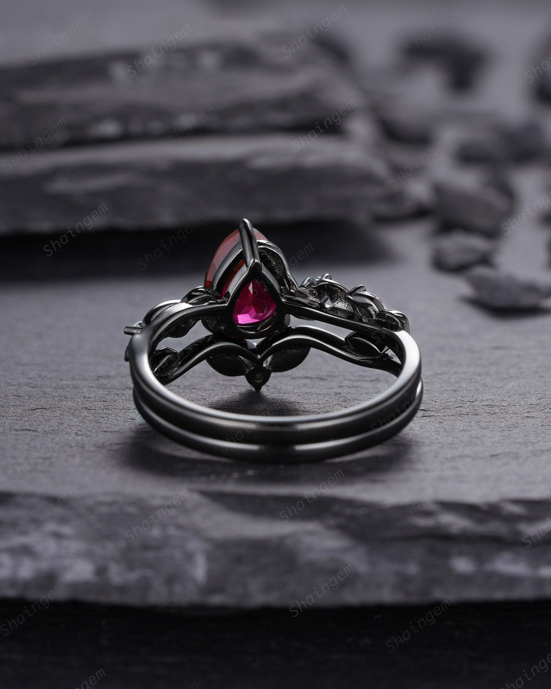 Black Gold Finish Pear Ruby Engagement Ring Set, Vintage Rhodium Black Twig Vine Ruby Bridal Set, Dark Promise ring, Black wedding ring - ShainJewelry