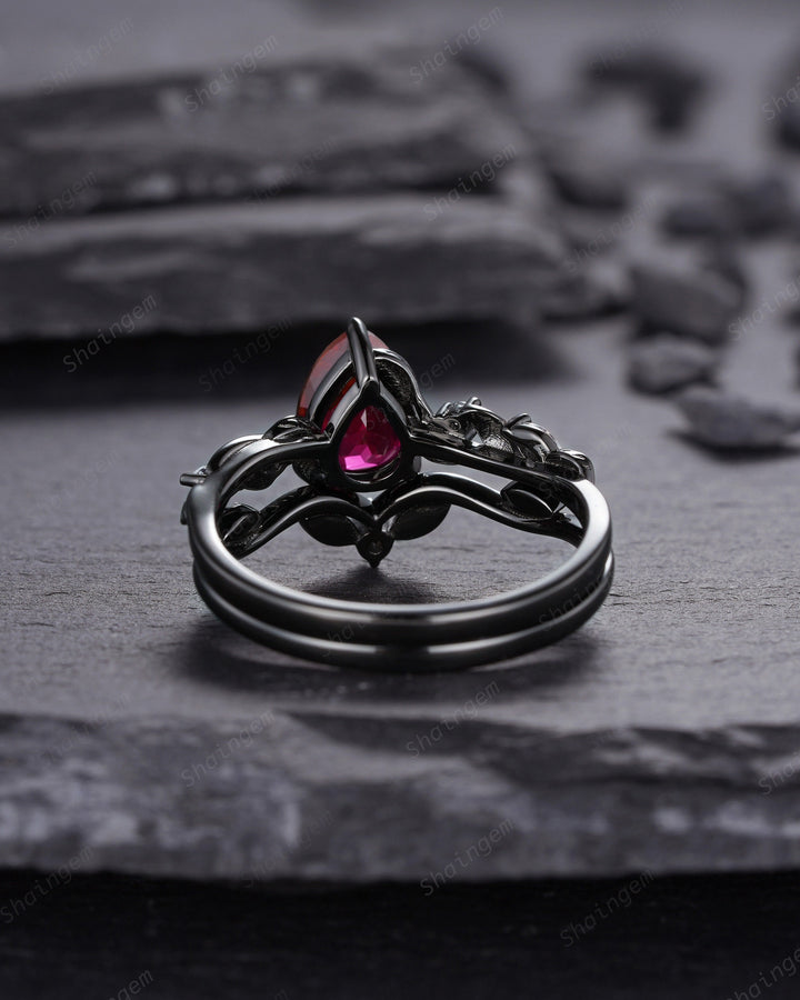 Black Gold Finish Pear Ruby Engagement Ring Set, Vintage Rhodium Black Twig Vine Ruby Bridal Set, Dark Promise ring, Black wedding ring - ShainJewelry