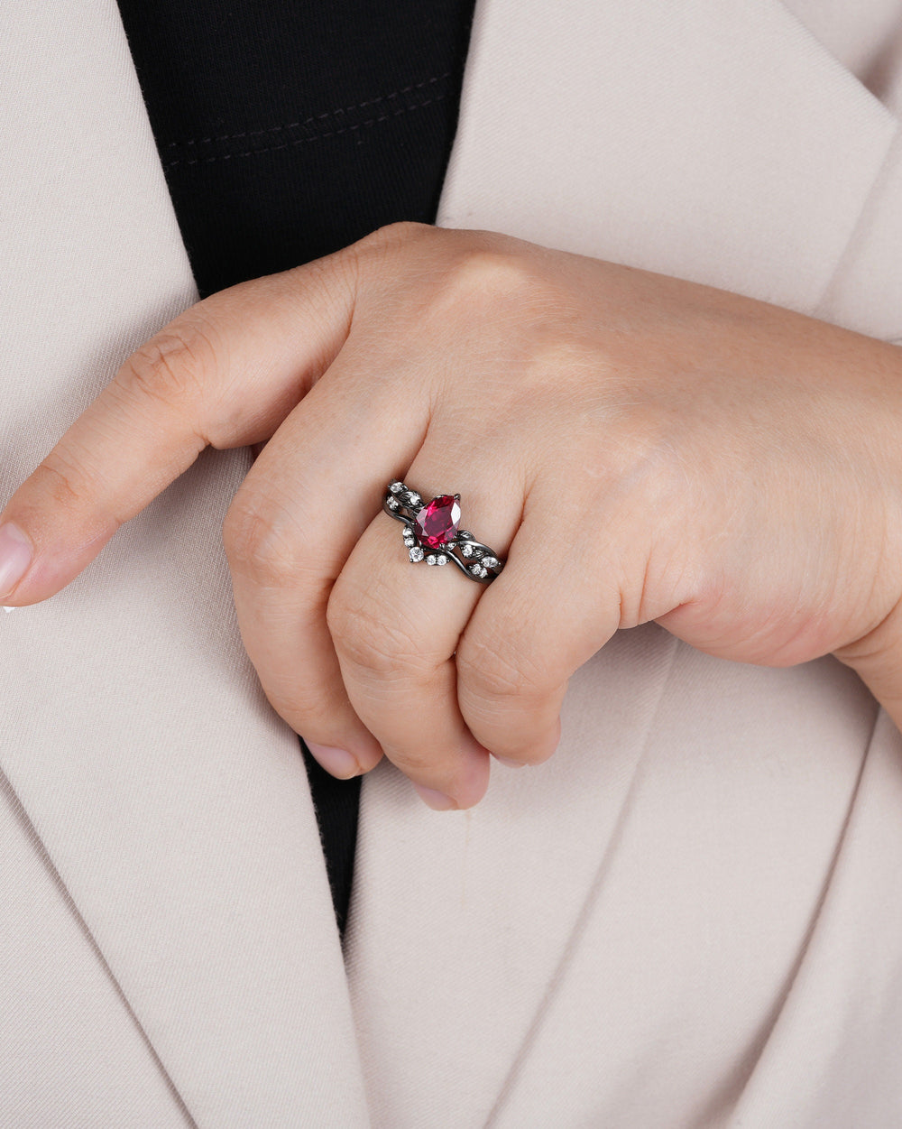 Black Gold Finish Pear Ruby Engagement Ring Set, Vintage Rhodium Black Twig Vine Ruby Bridal Set, Dark Promise ring, Black wedding ring - ShainJewelry