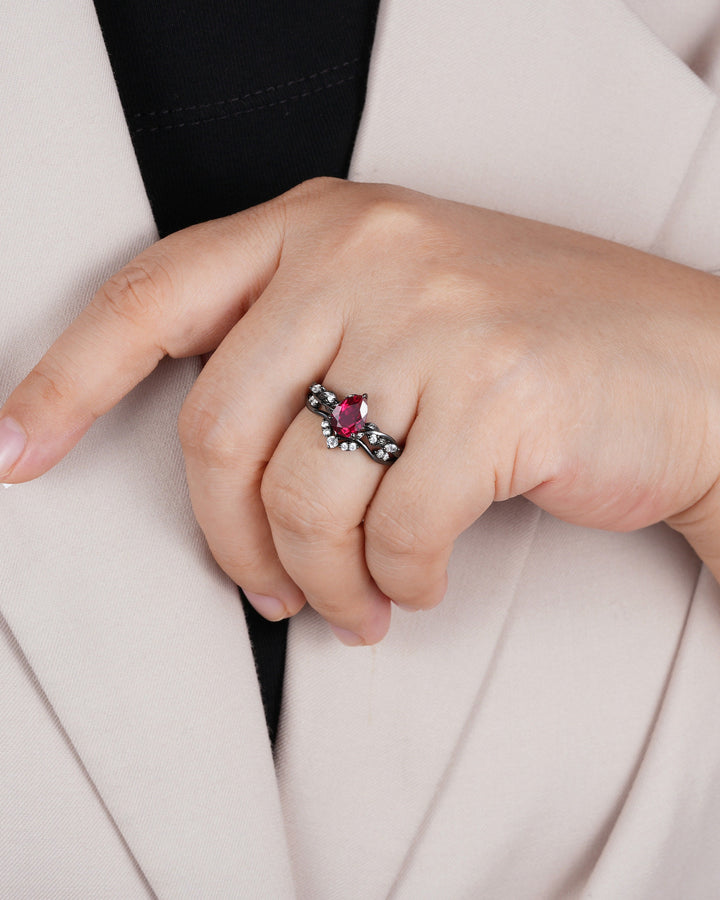 Black Gold Finish Pear Ruby Engagement Ring Set, Vintage Rhodium Black Twig Vine Ruby Bridal Set, Dark Promise ring, Black wedding ring - ShainJewelry