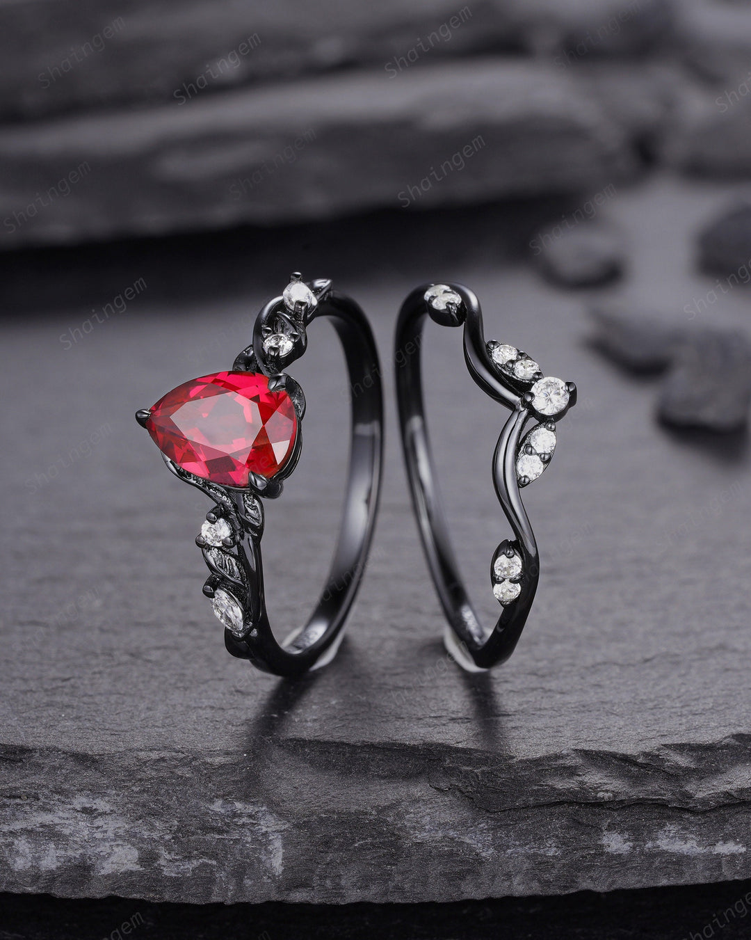 Black Gold Finish Pear Ruby Engagement Ring Set, Vintage Rhodium Black Twig Vine Ruby Bridal Set, Dark Promise ring, Black wedding ring - ShainJewelry