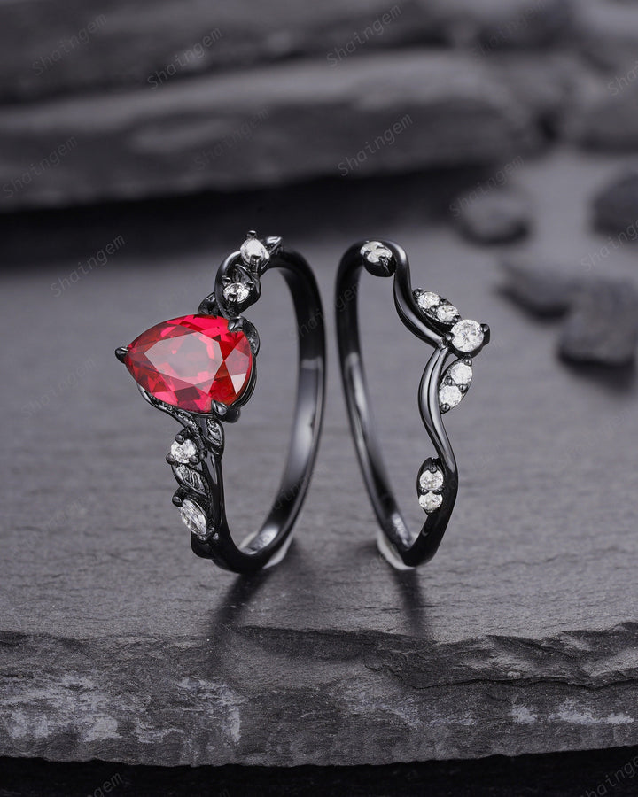 Black Gold Finish Pear Ruby Engagement Ring Set, Vintage Rhodium Black Twig Vine Ruby Bridal Set, Dark Promise ring, Black wedding ring - ShainJewelry