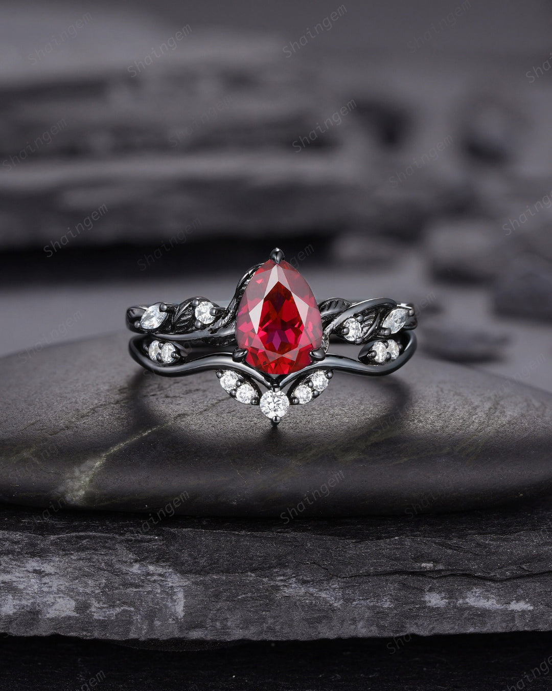 Black Gold Finish Pear Ruby Engagement Ring Set, Vintage Rhodium Black Twig Vine Ruby Bridal Set, Dark Promise ring, Black wedding ring - ShainJewelry
