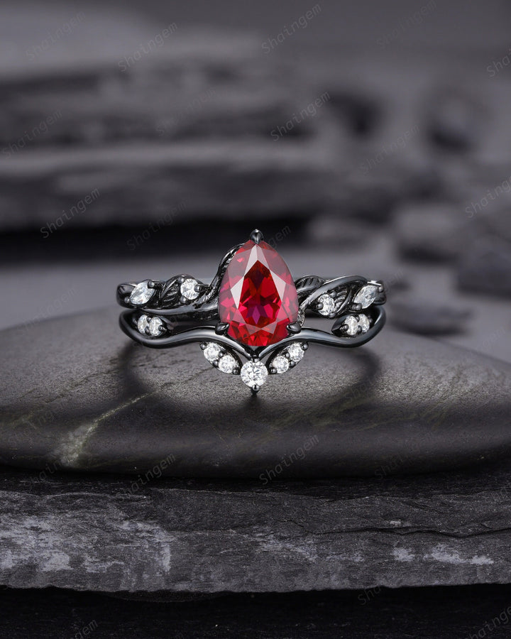Black Gold Finish Pear Ruby Engagement Ring Set, Vintage Rhodium Black Twig Vine Ruby Bridal Set, Dark Promise ring, Black wedding ring - ShainJewelry