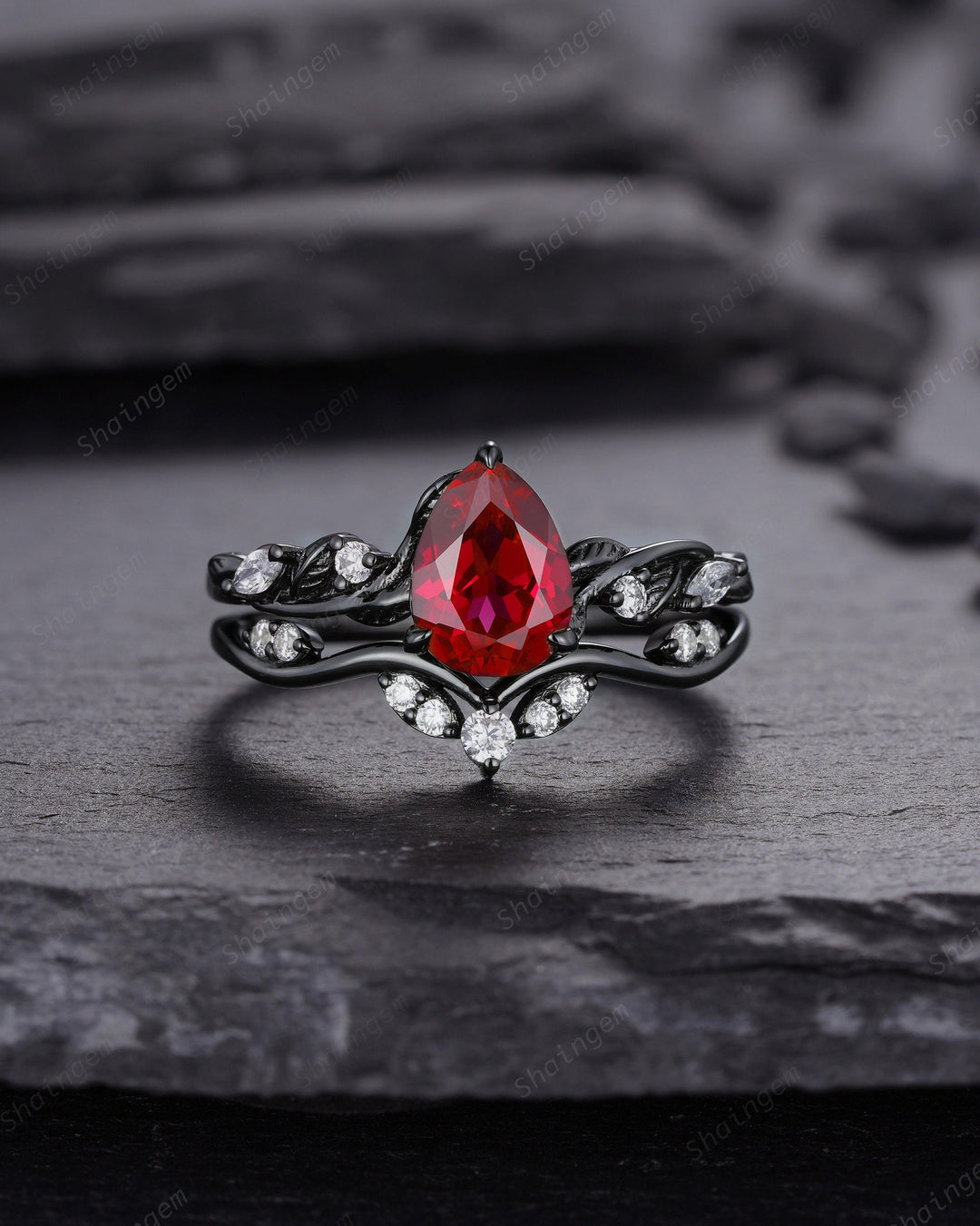 Black Gold Finish Pear Ruby Engagement Ring Set, Vintage Rhodium Black Twig Vine Ruby Bridal Set, Dark Promise ring, Black wedding ring - ShainJewelry