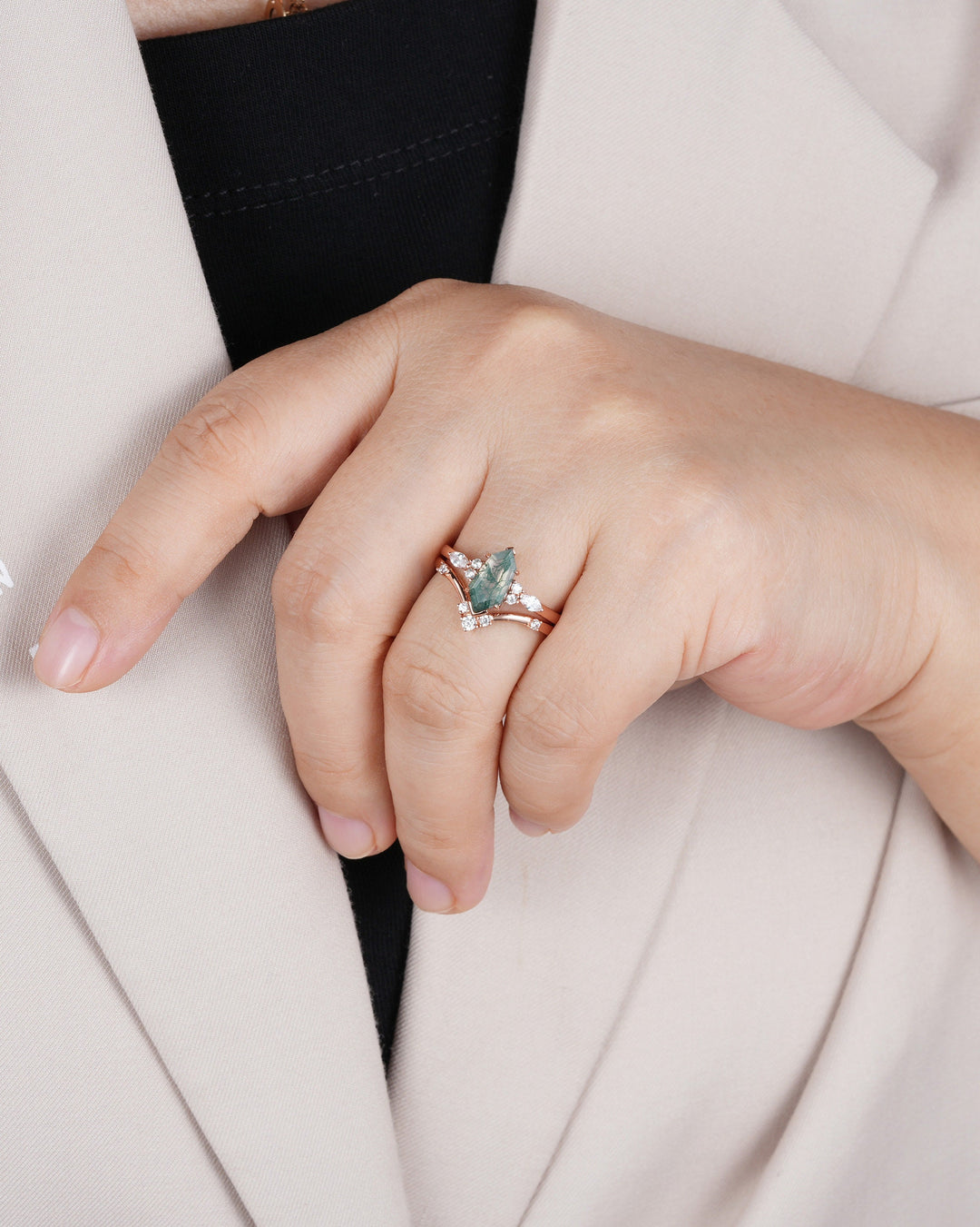 Unique Shield Moss Agate and Diamond Ring, Rose Gold Hexagon Green Moss Agate Bridal Set, Shield Promise Wedding Ring Gift for her - ShainJewelry