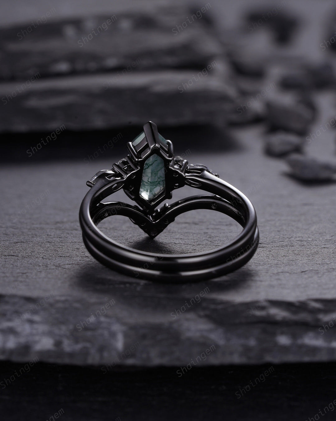 Unique Hexagon Shape Moss Agate Black Engagement Ring Set, Gothic Black Rhodium Shield Moss Agate Ring, Wedding Set Gift, Black Promise Ring - ShainJewelry