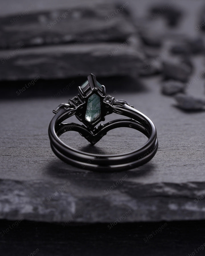 Unique Hexagon Shape Moss Agate Black Engagement Ring Set, Gothic Black Rhodium Shield Moss Agate Ring, Wedding Set Gift, Black Promise Ring - ShainJewelry
