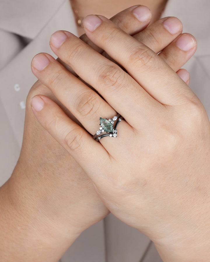 Unique Hexagon Shape Moss Agate Black Engagement Ring Set, Gothic Black Rhodium Shield Moss Agate Ring, Wedding Set Gift, Black Promise Ring - ShainJewelry
