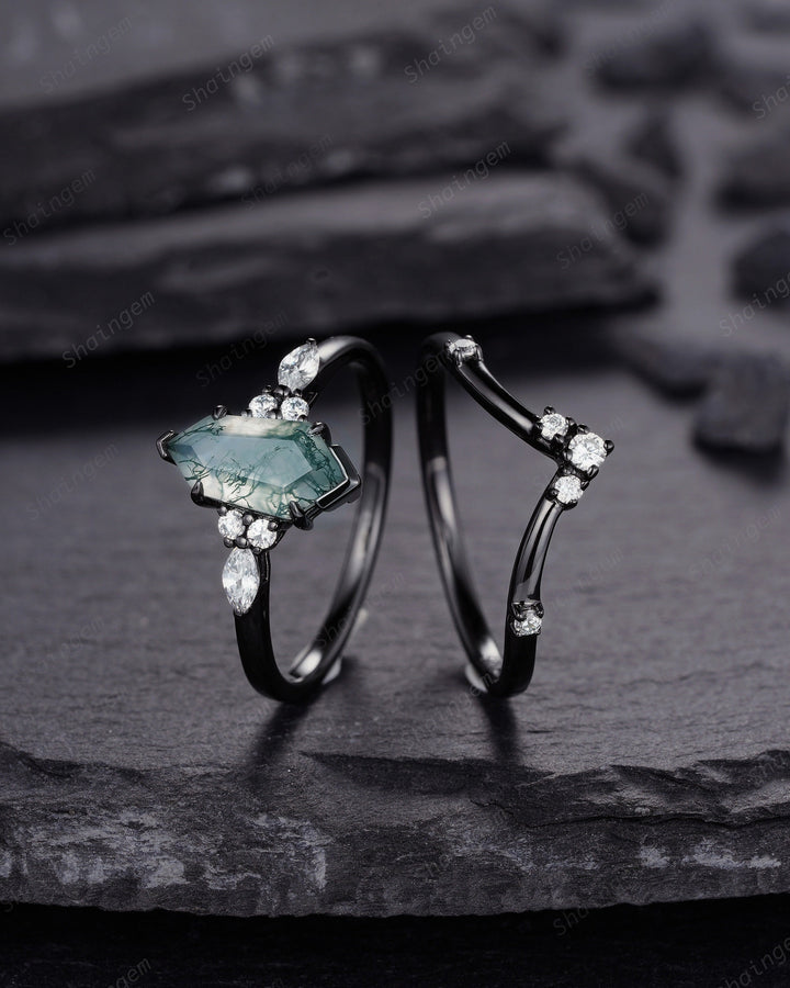 Unique Hexagon Shape Moss Agate Black Engagement Ring Set, Gothic Black Rhodium Shield Moss Agate Ring, Wedding Set Gift, Black Promise Ring - ShainJewelry
