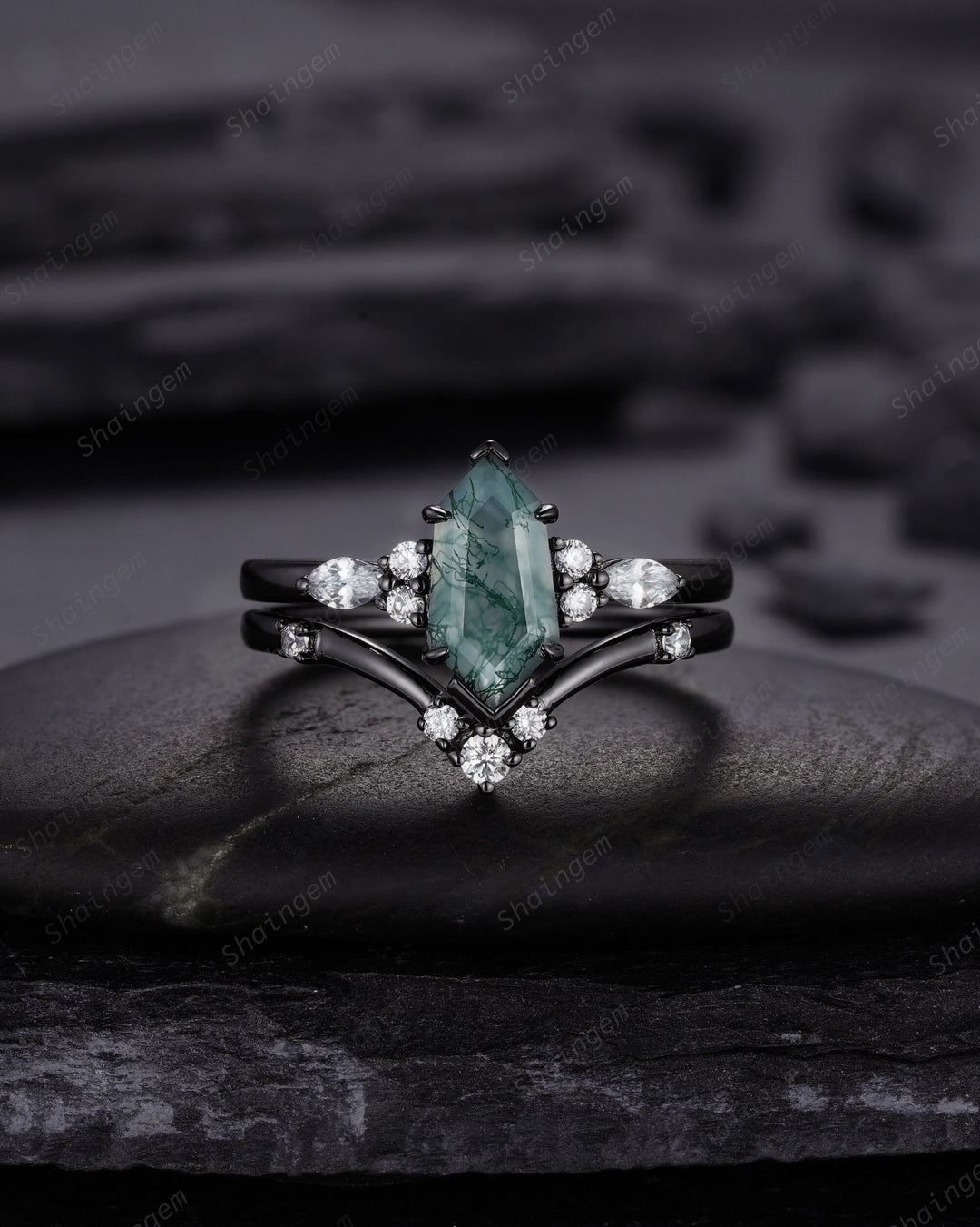 Unique Hexagon Shape Moss Agate Black Engagement Ring Set, Gothic Black Rhodium Shield Moss Agate Ring, Wedding Set Gift, Black Promise Ring - ShainJewelry