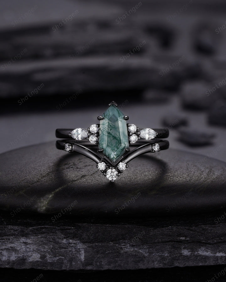 Unique Hexagon Shape Moss Agate Black Engagement Ring Set, Gothic Black Rhodium Shield Moss Agate Ring, Wedding Set Gift, Black Promise Ring - ShainJewelry