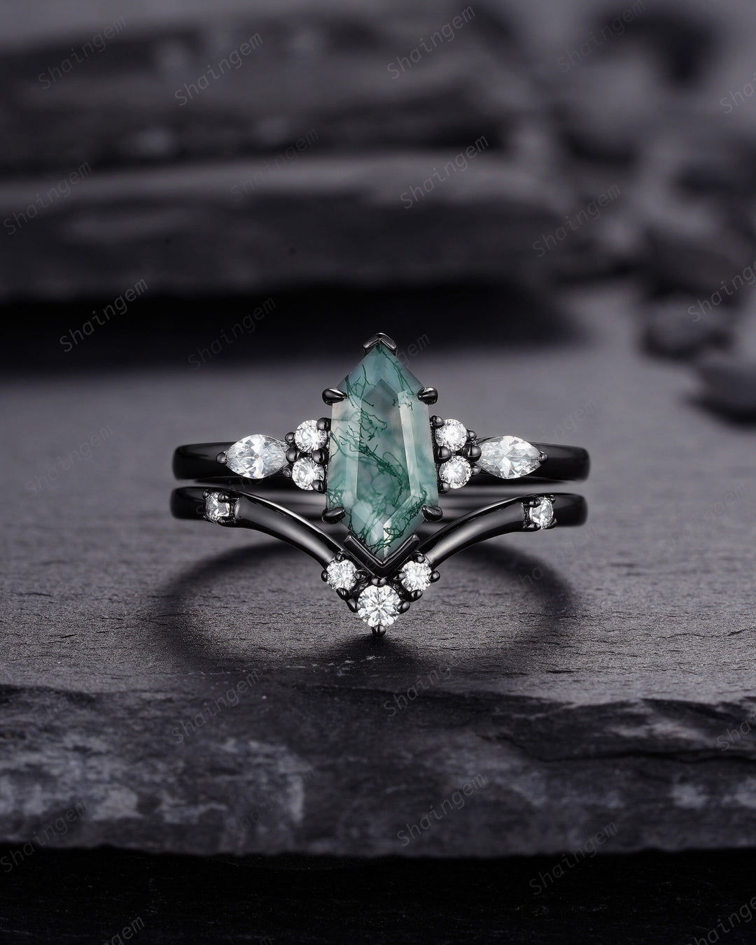 Unique Hexagon Shape Moss Agate Black Engagement Ring Set, Gothic Black Rhodium Shield Moss Agate Ring, Wedding Set Gift, Black Promise Ring - ShainJewelry