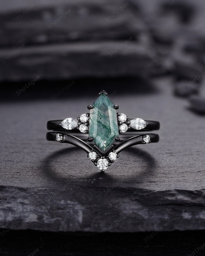 Unique Hexagon Shape Moss Agate Black Engagement Ring Set, Gothic Black Rhodium Shield Moss Agate Ring, Wedding Set Gift, Black Promise Ring - ShainJewelry
