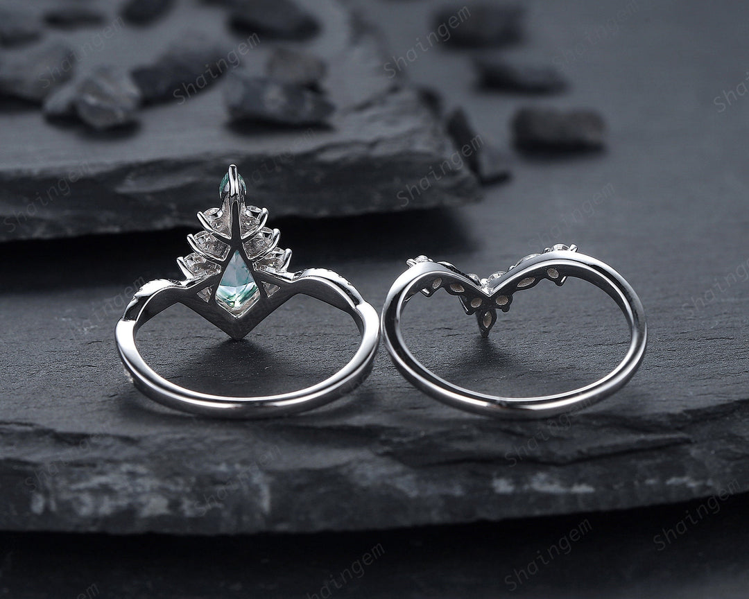 Vintage Kite Shape Moss Agate and Diamond Engagement Ring Set, V Shape White Gold Moss Agate Promise Ring Wedding Set, Bridal Set for Women - ShainJewelry