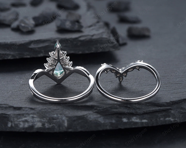 Vintage Kite Shape Moss Agate and Diamond Engagement Ring Set, V Shape White Gold Moss Agate Promise Ring Wedding Set, Bridal Set for Women - ShainJewelry