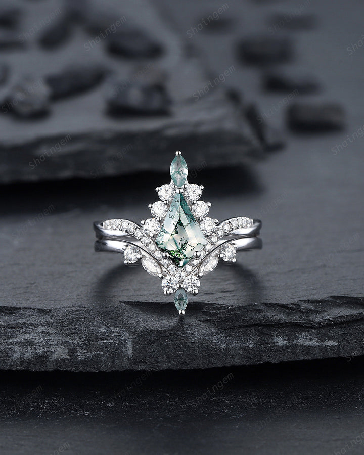 Vintage Kite Shape Moss Agate and Diamond Engagement Ring Set, V Shape White Gold Moss Agate Promise Ring Wedding Set, Bridal Set for Women - ShainJewelry