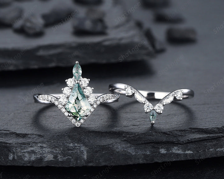 Vintage Kite Shape Moss Agate and Diamond Engagement Ring Set, V Shape White Gold Moss Agate Promise Ring Wedding Set, Bridal Set for Women - ShainJewelry