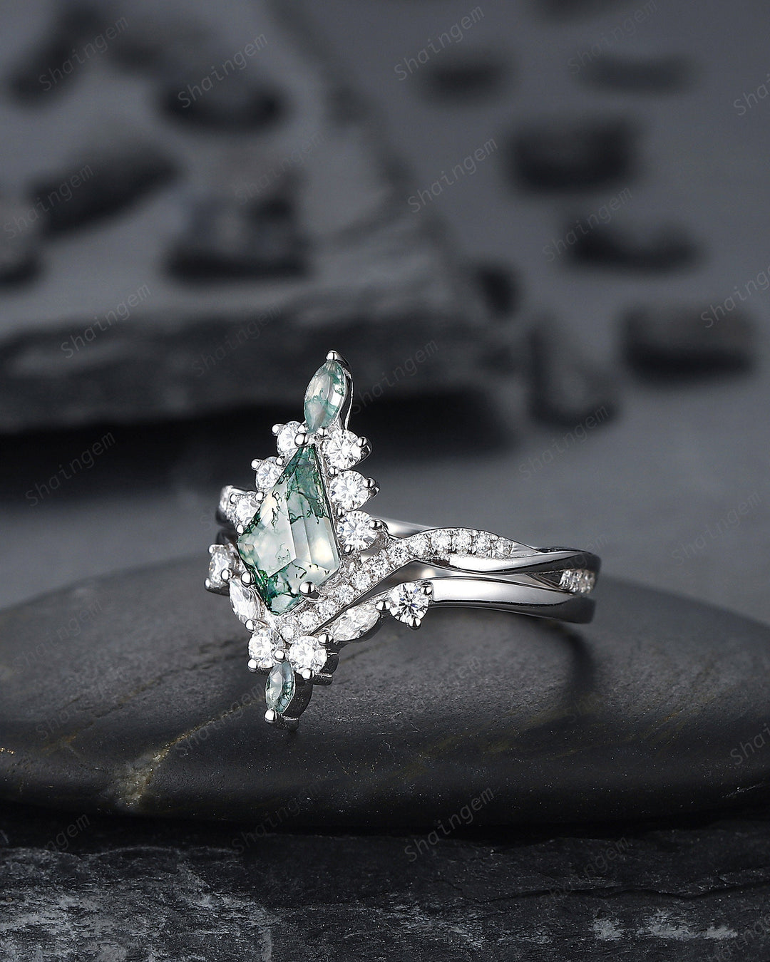 Vintage Kite Shape Moss Agate and Diamond Engagement Ring Set, V Shape White Gold Moss Agate Promise Ring Wedding Set, Bridal Set for Women - ShainJewelry