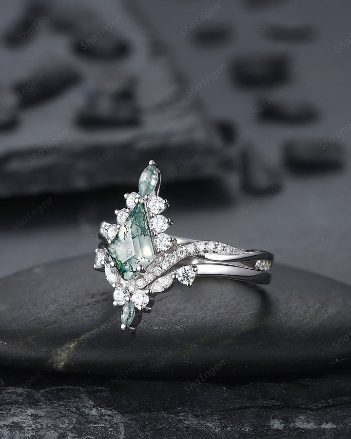 Vintage Kite Shape Moss Agate and Diamond Engagement Ring Set, V Shape White Gold Moss Agate Promise Ring Wedding Set, Bridal Set for Women - ShainJewelry