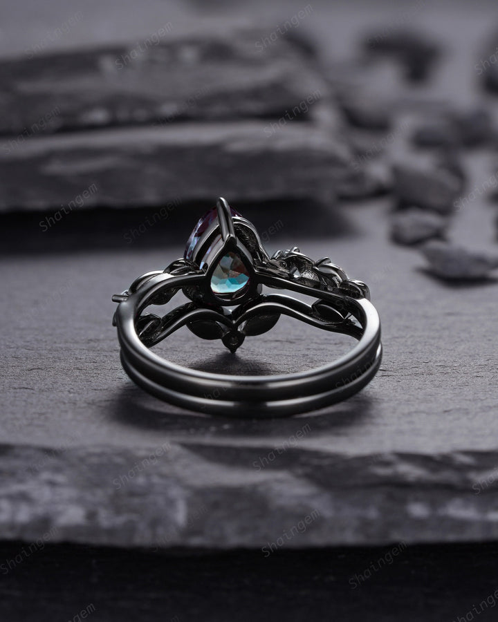 Pear Shape Alexandrite Twig Engagement Ring, Black Gold Gothic Promise Ring Set Unique Rhodium Black Witchy Alexandrite Ring Bridal Set Gift - ShainJewelry
