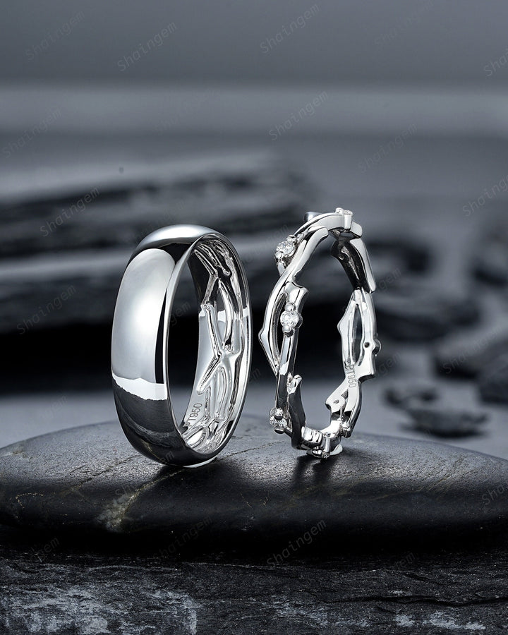 His and Hers Platinum Wedding Band, 14K 18K White Gold Matching Band, Silver Couple Promise Ring Set , Plain Men's Band, Twig Diamond Band - ShainJewelry