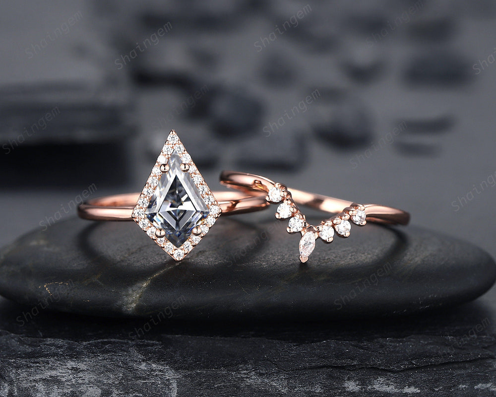 Vintage Kite Cut Gray Moissanite Halo Engagement Ring Set, Unique 14K Rose Gold Grey Moissanite Wedding Ring V Shape Moissanite Promise Ring - ShainJewelry