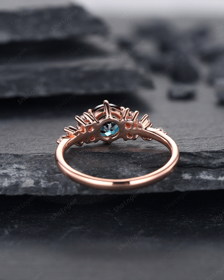 Unique Round Shape Alexandrite and Diamond Engagement Ring, 14K Rose Gold Moissanite Snowdrift Promise Ring, Art Deco Wedding Ring Gift - ShainJewelry