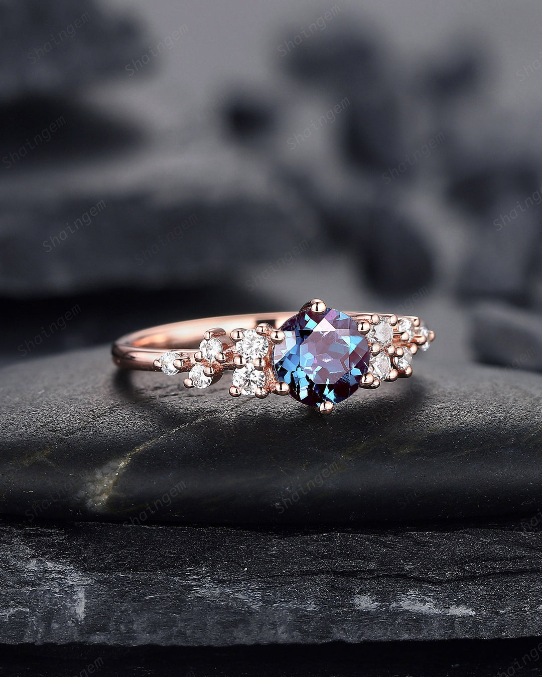Unique Round Shape Alexandrite and Diamond Engagement Ring, 14K Rose Gold Moissanite Snowdrift Promise Ring, Art Deco Wedding Ring Gift - ShainJewelry