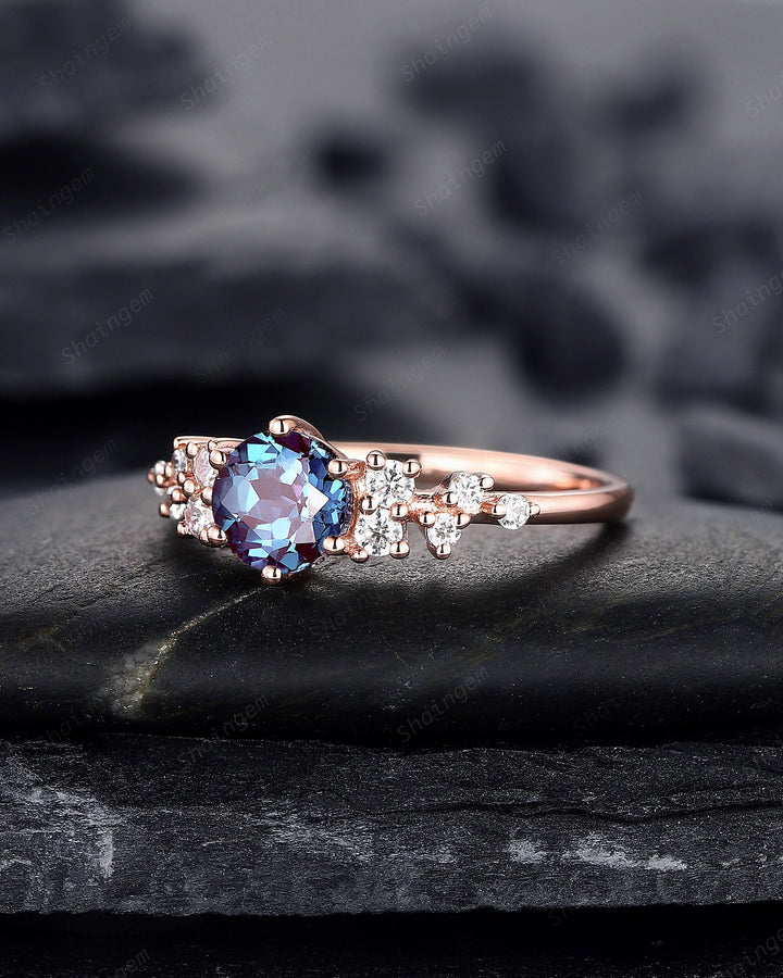 Unique Round Shape Alexandrite and Diamond Engagement Ring, 14K Rose Gold Moissanite Snowdrift Promise Ring, Art Deco Wedding Ring Gift - ShainJewelry
