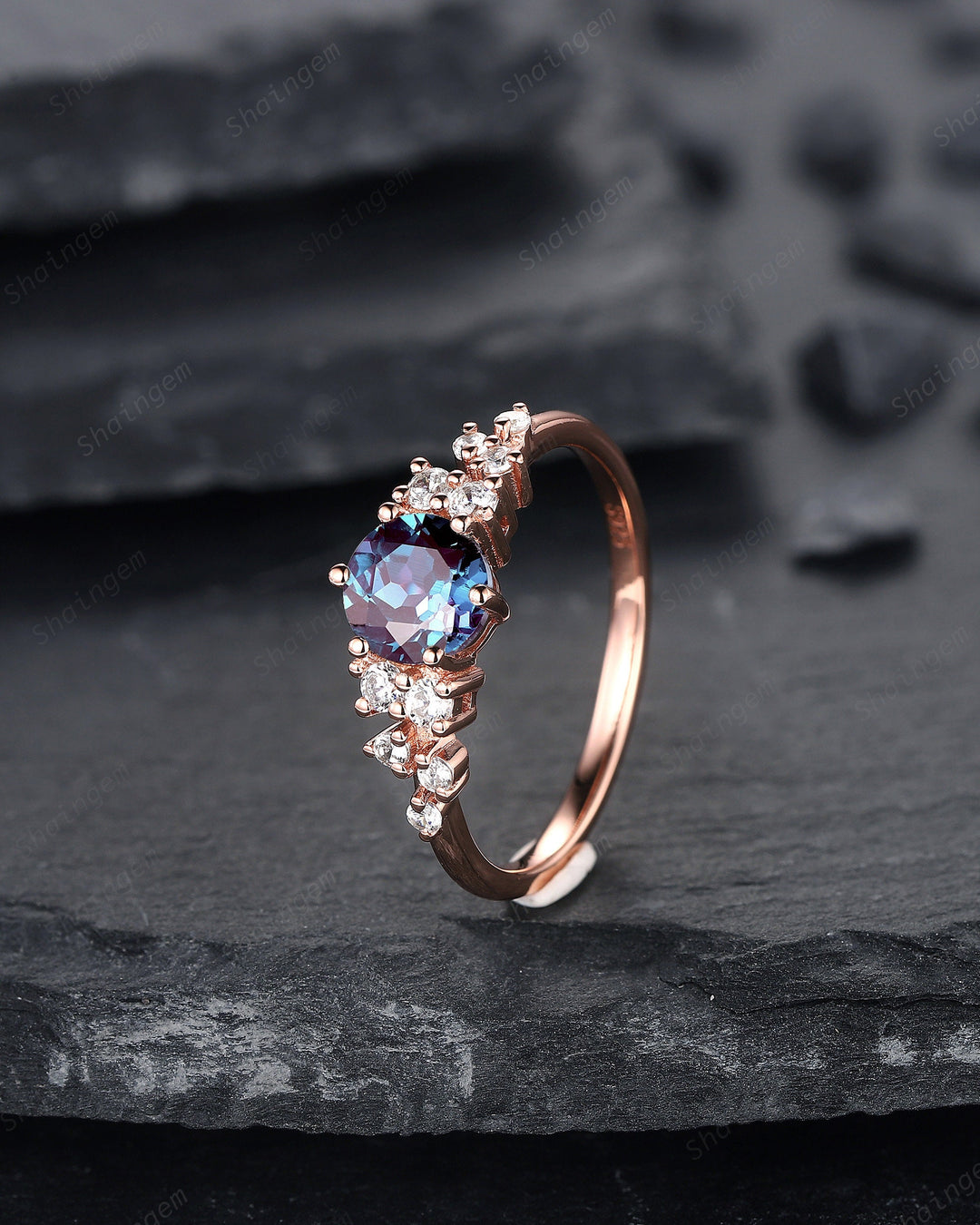 Unique Round Shape Alexandrite and Diamond Engagement Ring, 14K Rose Gold Moissanite Snowdrift Promise Ring, Art Deco Wedding Ring Gift - ShainJewelry