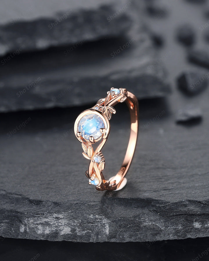 Moonstone Engagement Ring, Unique Crescent 14k Rose Gold Promise Ring, Vintage Moon and Star Ring, Twig Branch Wedding Ring Gift for Women - ShainJewelry