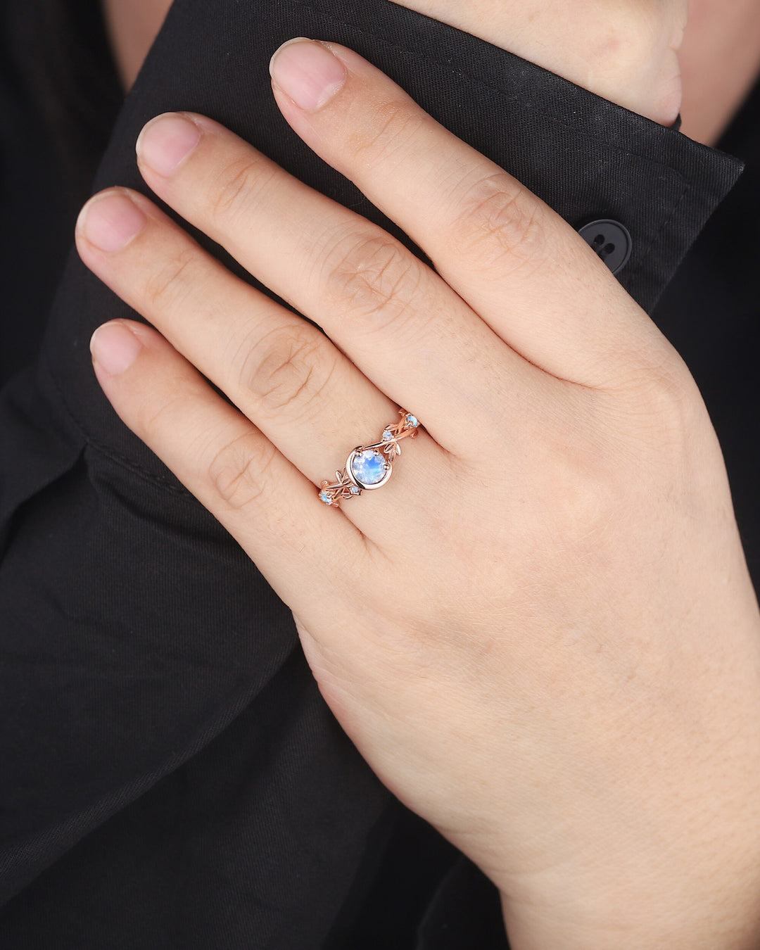 Moonstone Engagement Ring, Unique Crescent 14k Rose Gold Promise Ring, Vintage Moon and Star Ring, Twig Branch Wedding Ring Gift for Women - ShainJewelry