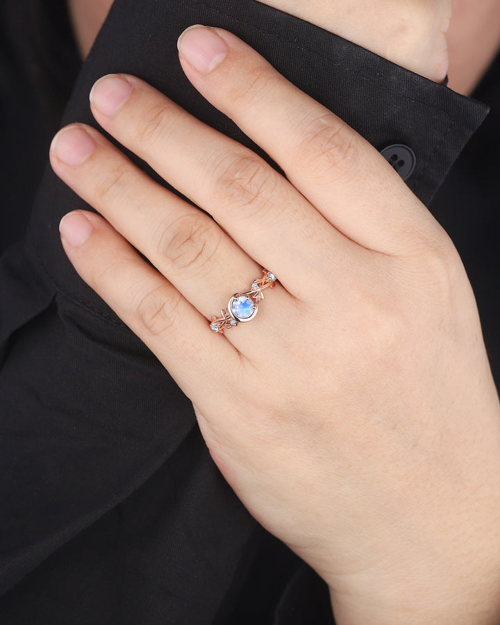 Moonstone Engagement Ring, Unique Crescent 14k Rose Gold Promise Ring, Vintage Moon and Star Ring, Twig Branch Wedding Ring Gift for Women - ShainJewelry