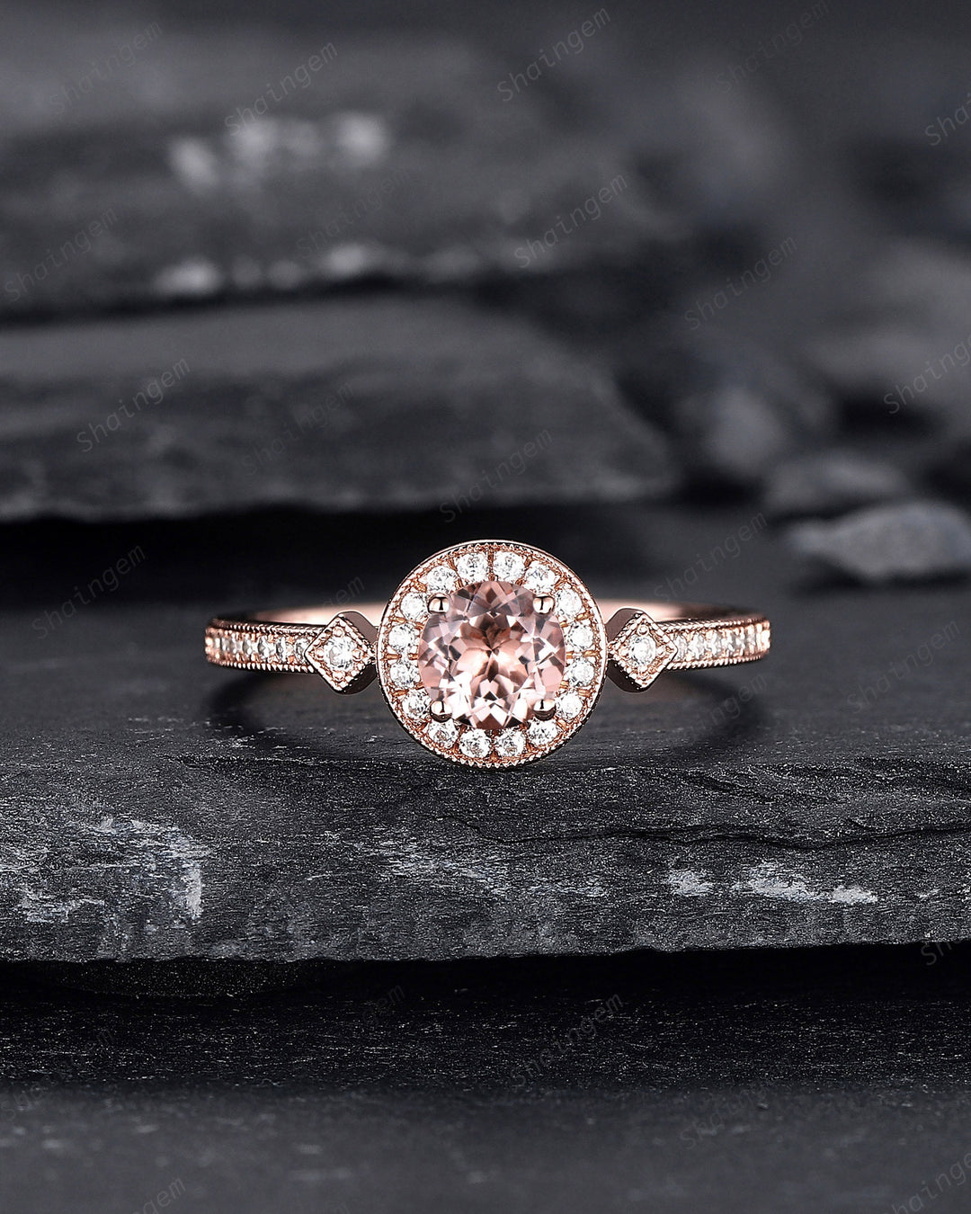 Natural Pink Morganite Engagement Ring, Round Shape Morganite Wedding Ring, 14K 18K Rose Gold Promise Halo Ring Anniversary Gift for Women - ShainJewelry