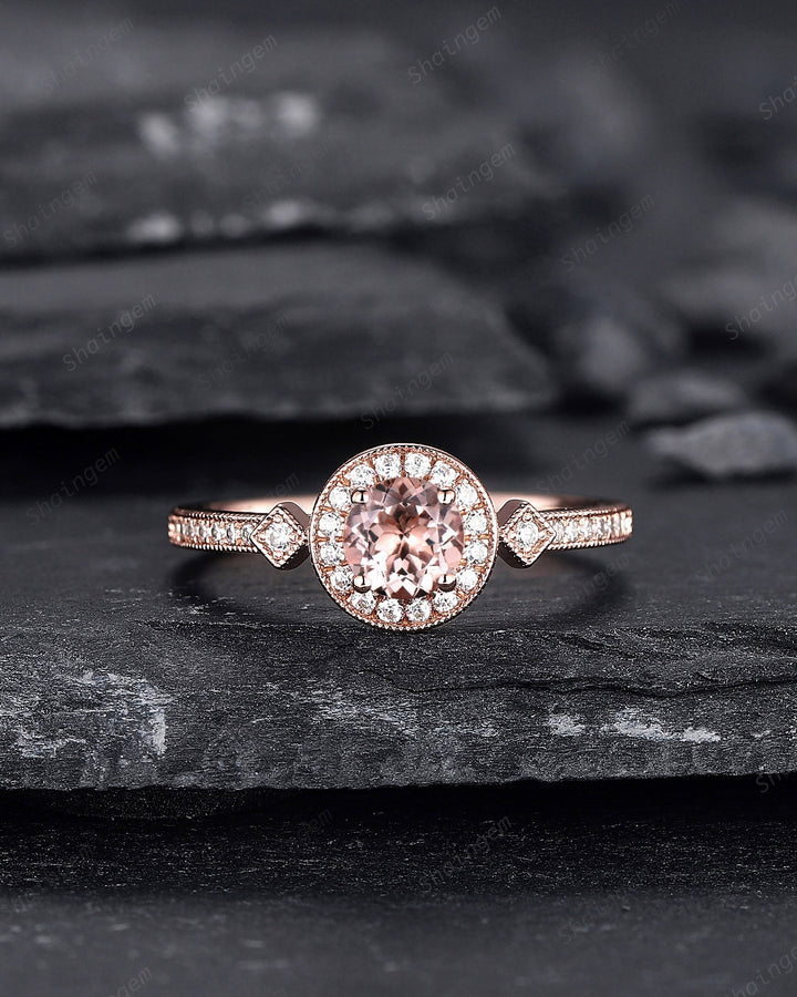 Natural Pink Morganite Engagement Ring, Round Shape Morganite Wedding Ring, 14K 18K Rose Gold Promise Halo Ring Anniversary Gift for Women - ShainJewelry