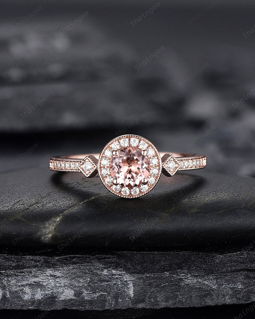 Natural Pink Morganite Engagement Ring, Round Shape Morganite Wedding Ring, 14K 18K Rose Gold Promise Halo Ring Anniversary Gift for Women - ShainJewelry