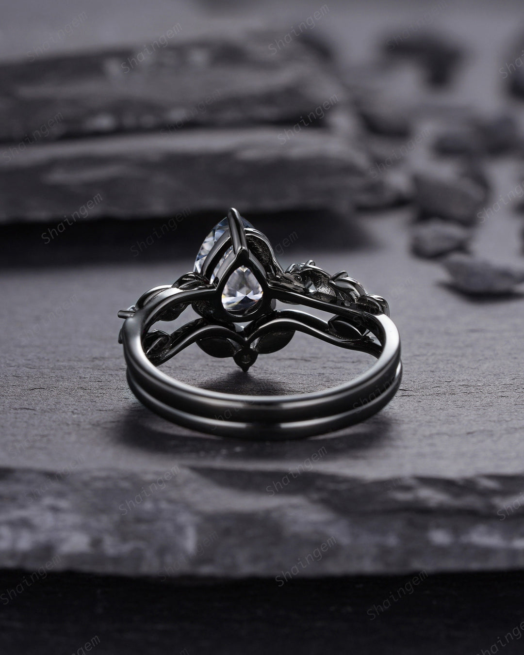 Rhodium Black Pear Shape Gray Moissanite Engagement Ring Set, Black Gold Grey Moissanite Wedding Promise Ring Black Diamond Twig Leaf Ring - ShainJewelry