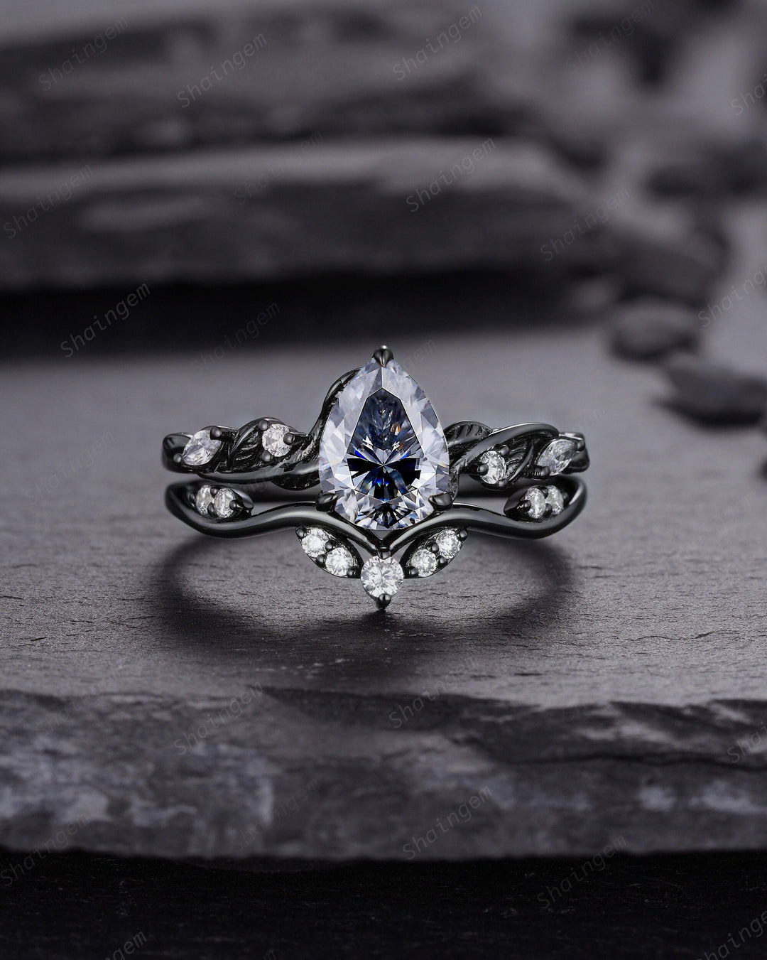 Rhodium Black Pear Shape Gray Moissanite Engagement Ring Set, Black Gold Grey Moissanite Wedding Promise Ring Black Diamond Twig Leaf Ring - ShainJewelry